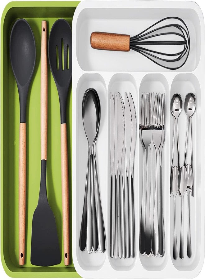divinezon Five Grid Cutlery Organizer, Expandable Kitchen Drawer and Utensil Holder, Adjustable Large Kitchen Tool |34.5 x 52.5 x 5 CM|Plastic|Green-White - Image 3